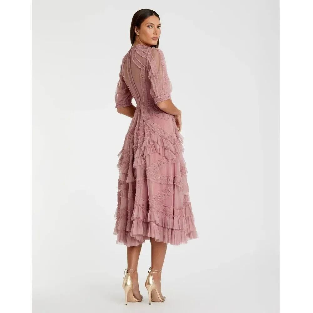 ANTHROPOLOGIE MAC DUGGAL 8058 High Neck Micro Ruffle Tiered Midi Dress Rose 18 - Picture 5 of 7